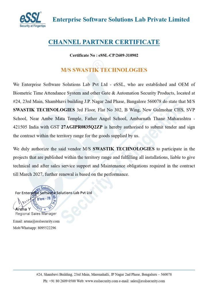 eSSL Authorised Channel Partner Certificate